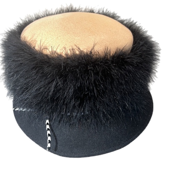 Made in Italy 100% Wool Bucket Hat W Fur Accent Mob Wives Camel/ BLK - Picture 2 of 9